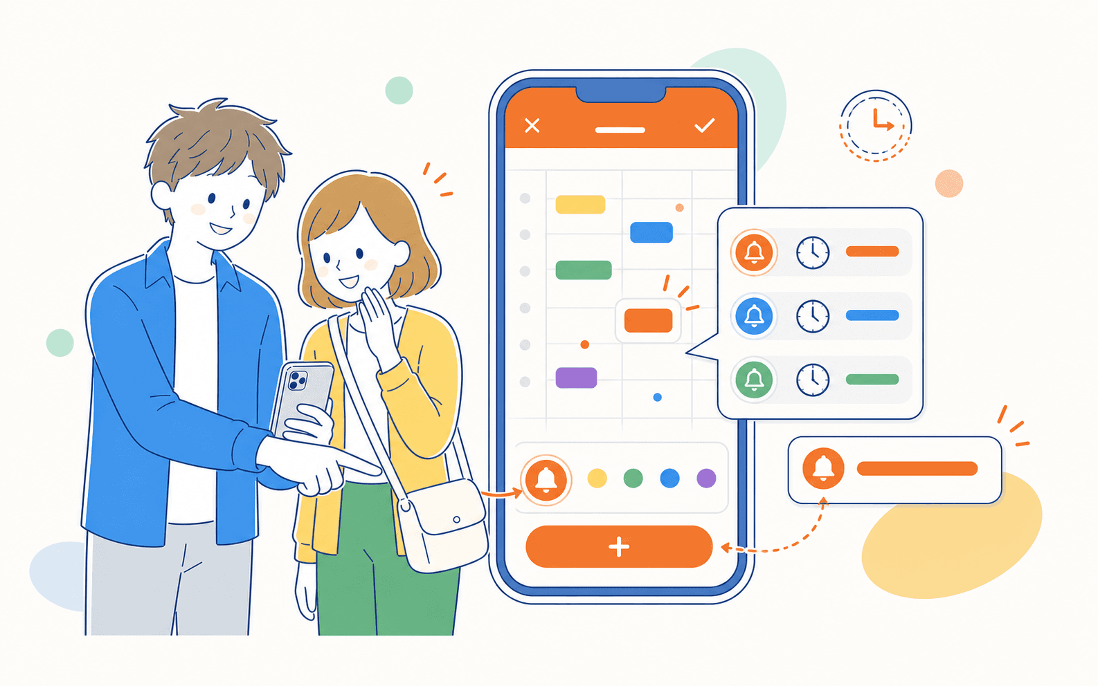 男女が一緒にiPhoneの予定へ複数のアラームを設定する場面