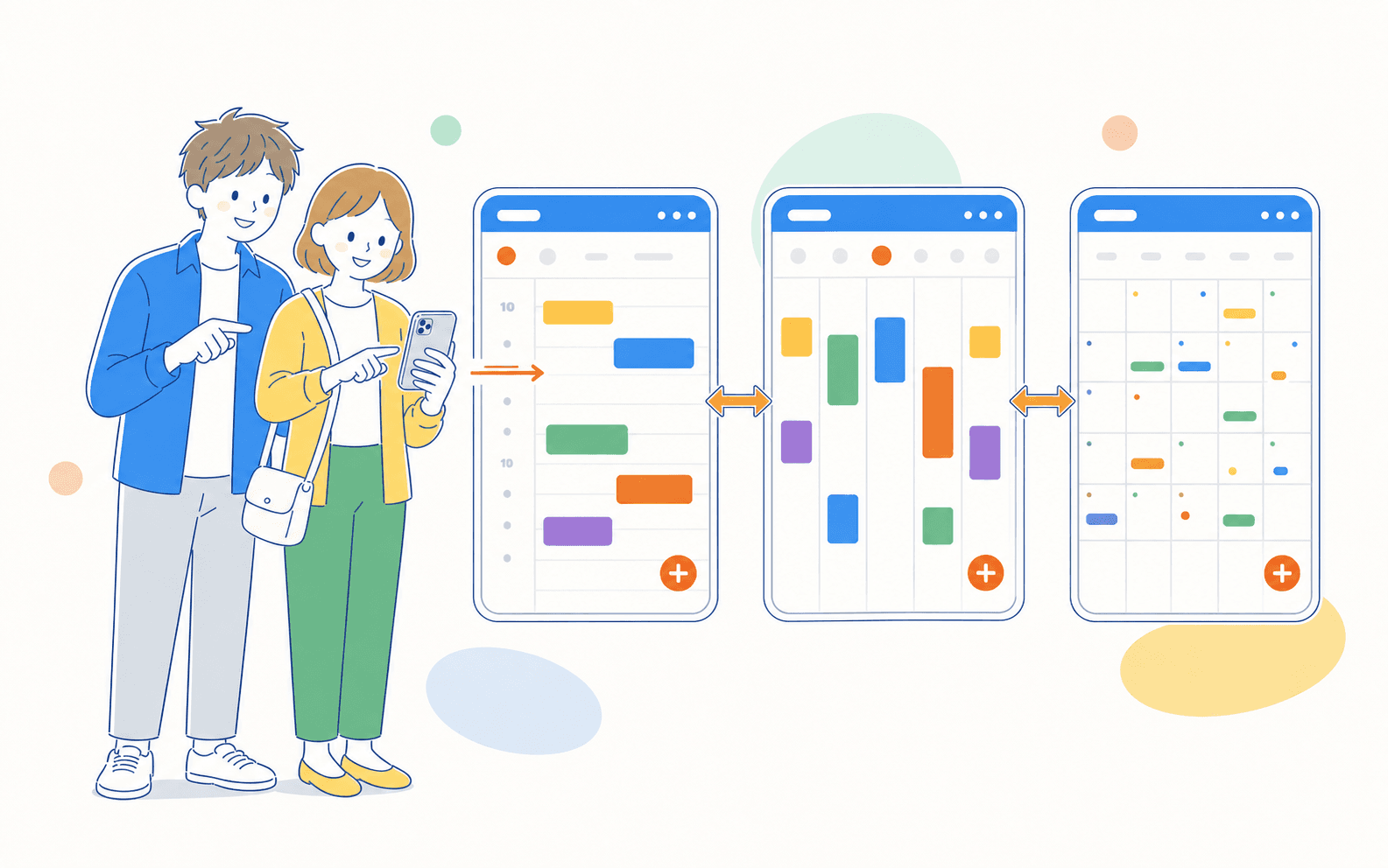 男女が一緒にiPhoneの日・週・月のカレンダー表示を切り替える場面
